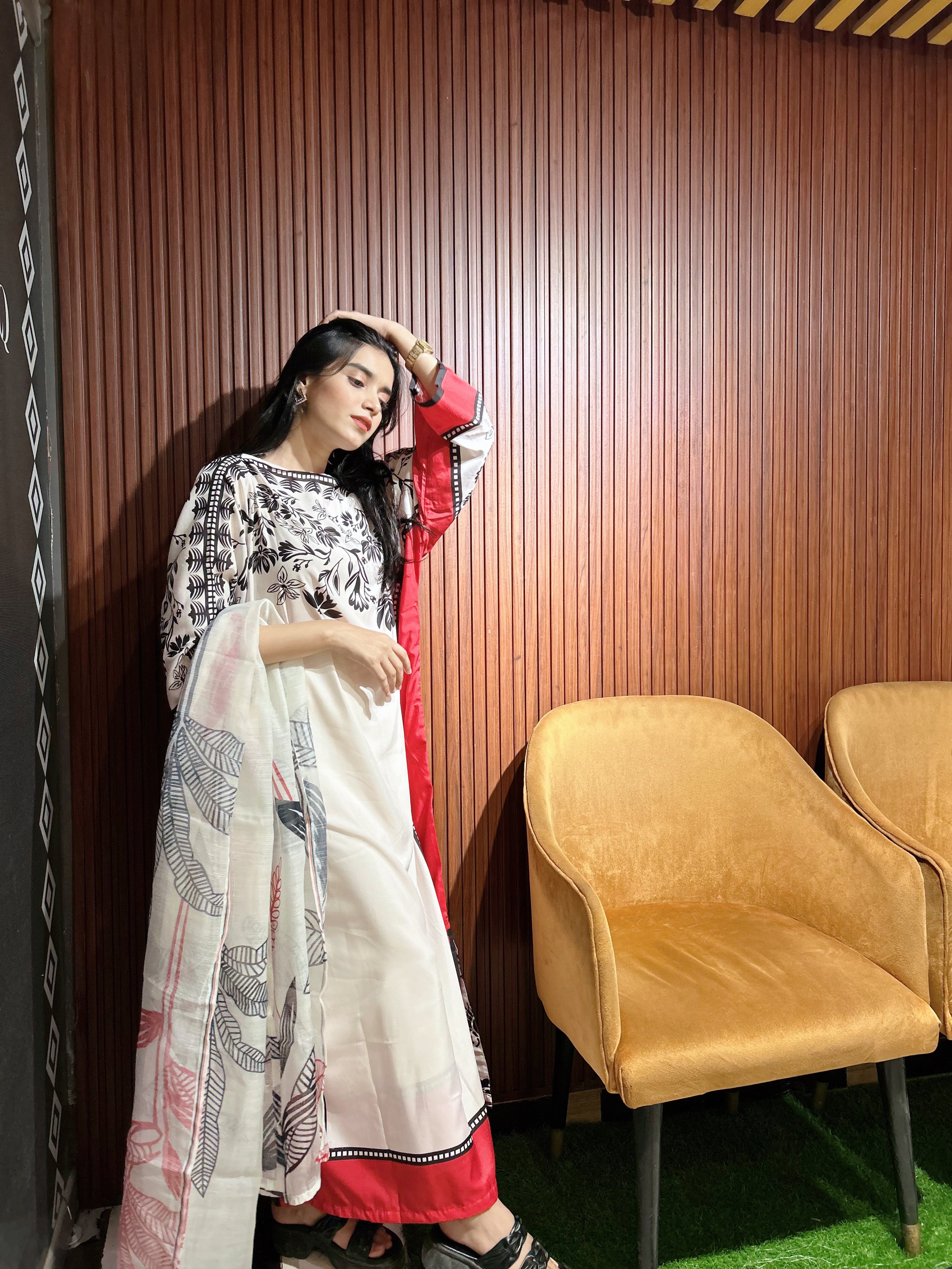 White Floral Kaftan Set with Palazzo & Dupatta - Premium Lawn | 3 Piece