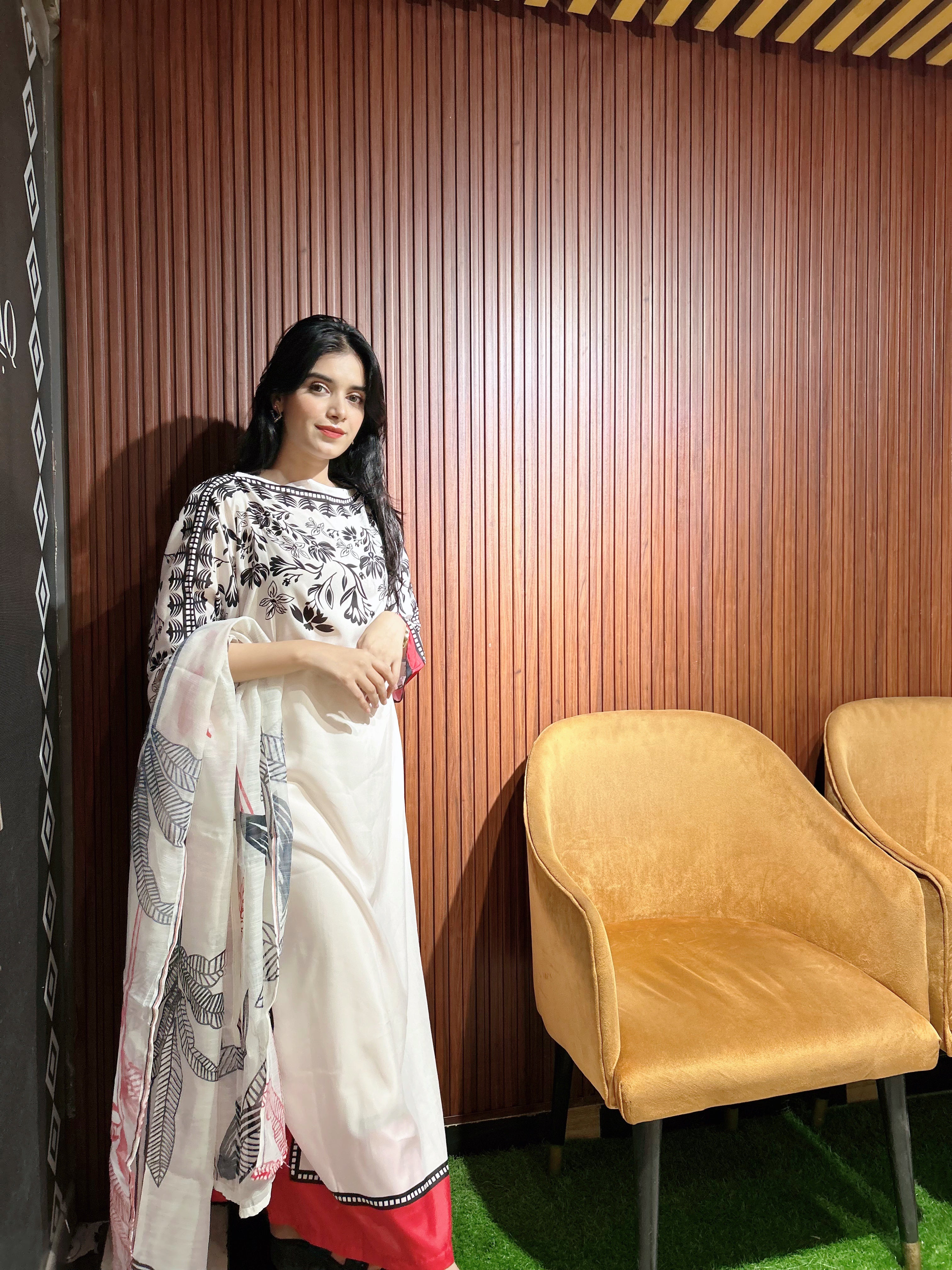 White Floral Kaftan Set with Palazzo & Dupatta - Premium Lawn | 3 Piece