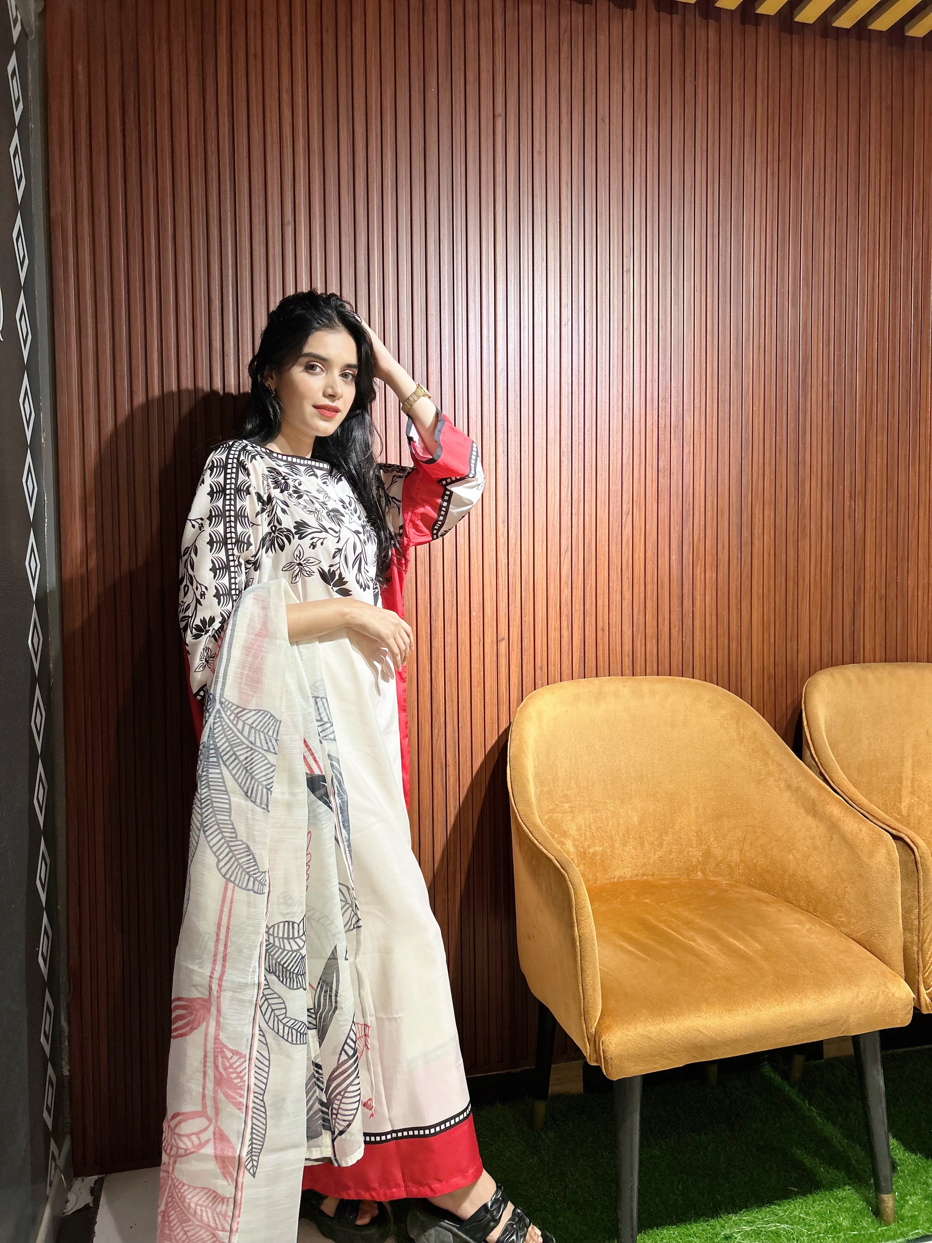 White Floral Kaftan Set with Palazzo & Dupatta - Premium Lawn | 3 Piece