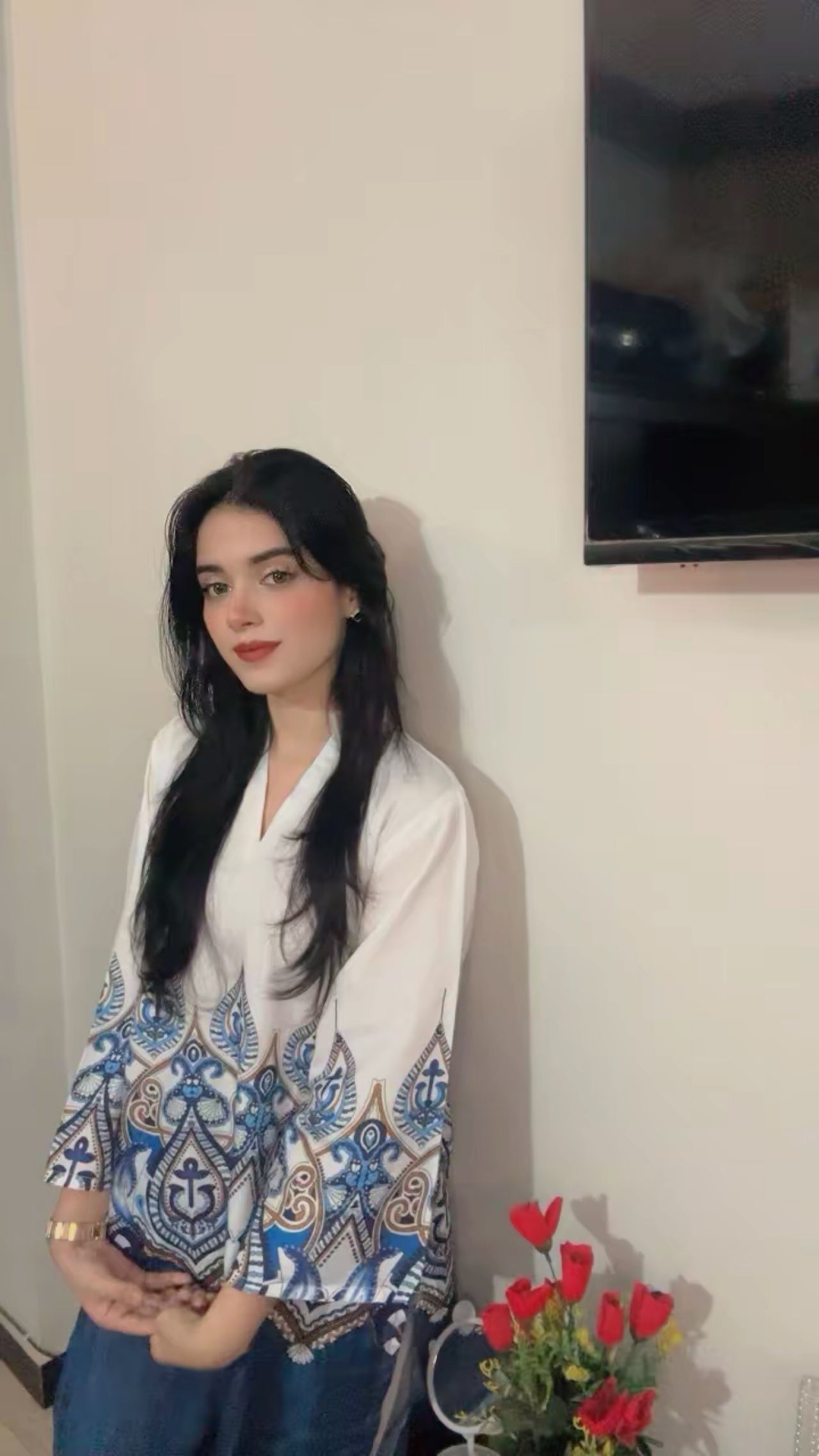 Blue & White Ethnic Printed 2-Piece Shirt & Palazzo Set | One Size