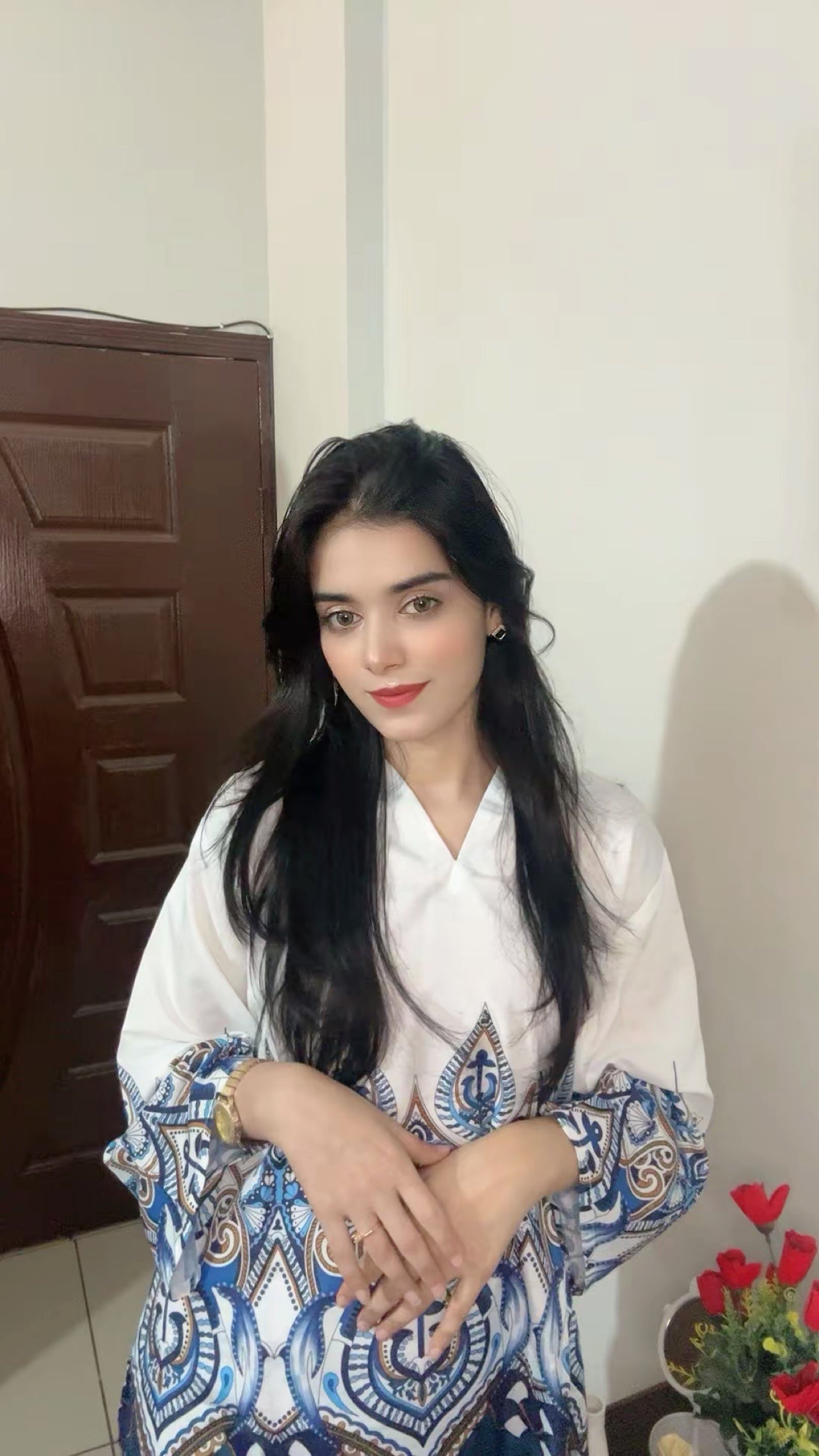 Blue & White Ethnic Printed 2-Piece Shirt & Palazzo Set | One Size