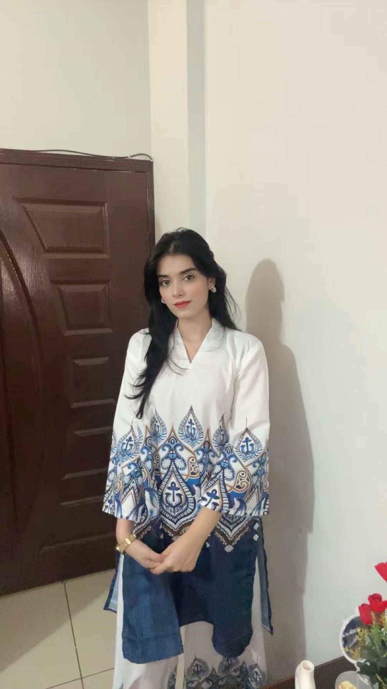 Blue & White Ethnic Printed 2-Piece Shirt & Palazzo Set | One Size