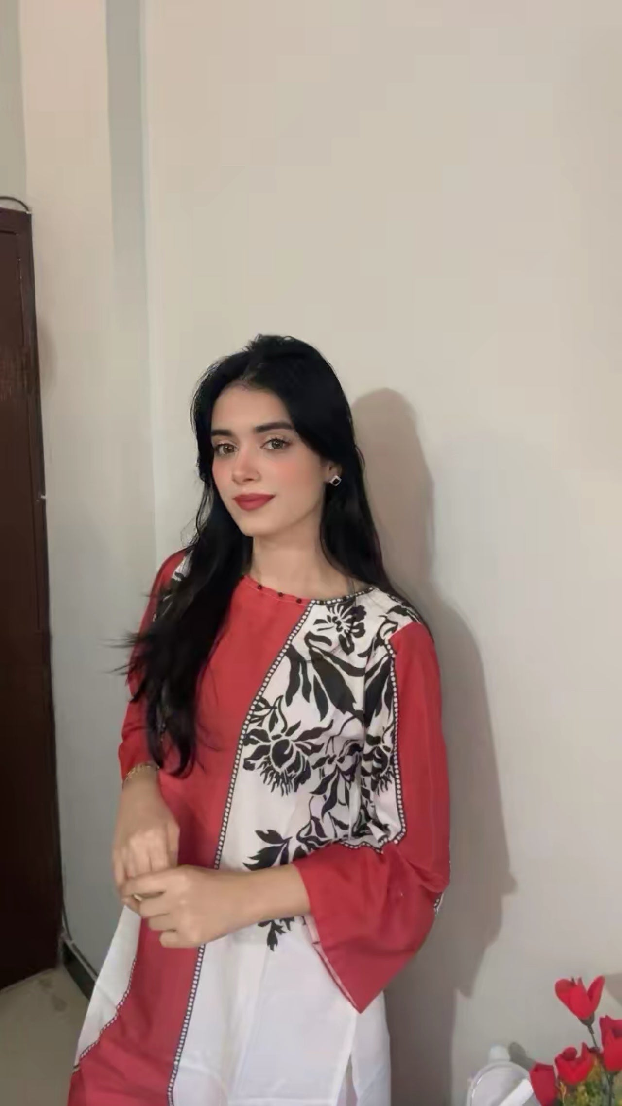 Vibrant Red & White Floral Printed 2-Piece Shirt & Palazzo Set