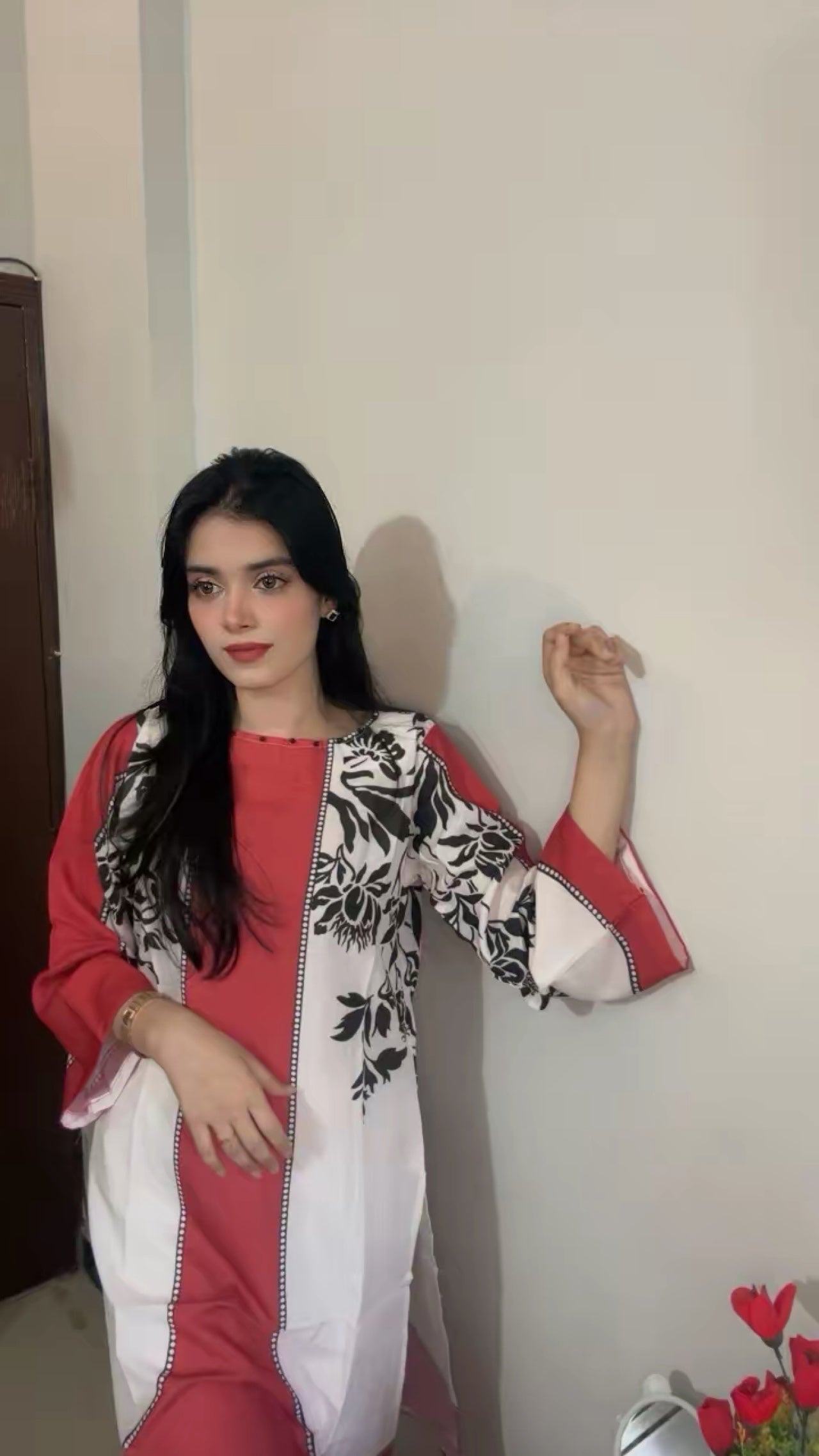 Vibrant Red & White Floral Printed 2-Piece Shirt & Palazzo Set