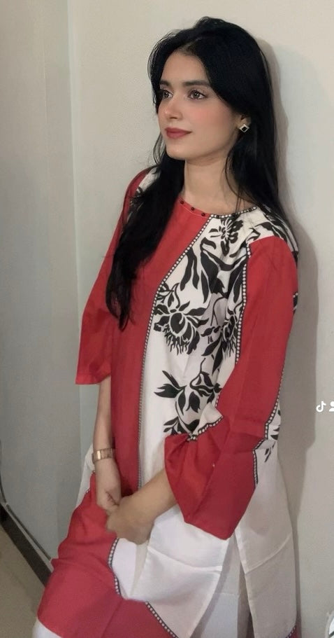 Vibrant Red & White Floral Printed 2-Piece Shirt & Palazzo Set